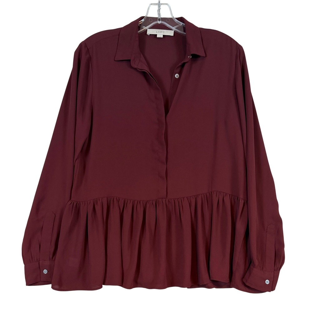 LOFT Womens Burgundy Long Sleeve Peplum Blouse Maroon Button Front Shirt Small